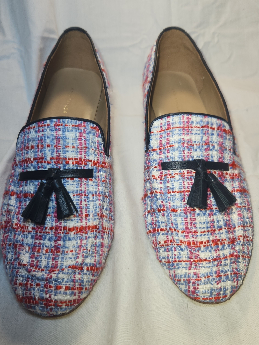 Tweed Tassel Loafers - Red & Blue
